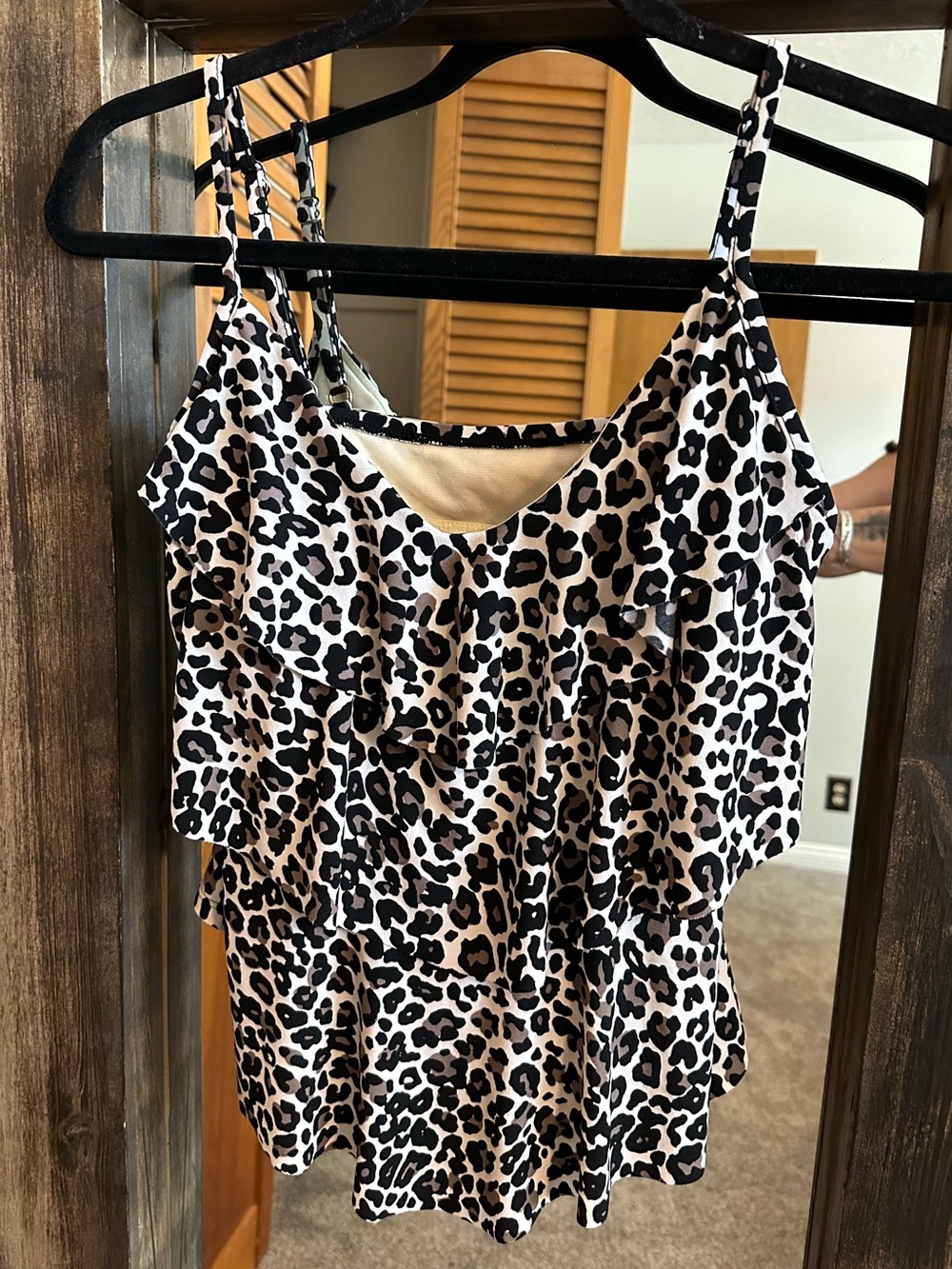 Leopard Print Ruffle Tankini Swim Top | Medium Flirty Romantic Boho Vacation